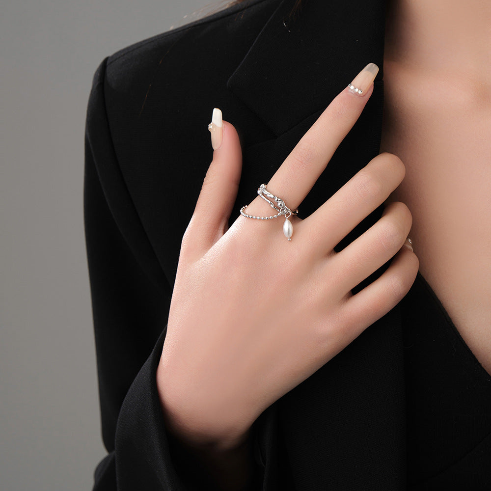 Silver Double-layer Irregular Cross Pearl Ring