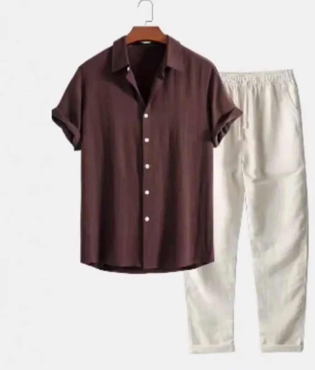 Cotton-Linen Beachwear Short Sleeve Suit