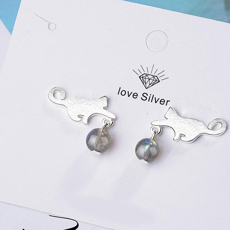 Silver Cat Drop Stud Earrings with Zircon Bead