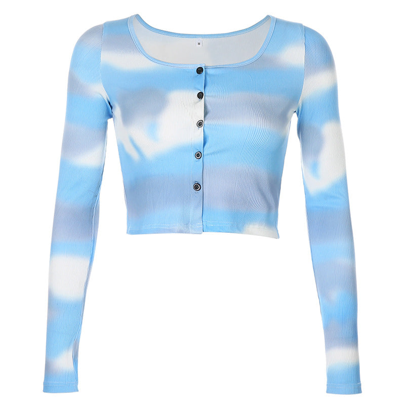 Jennie Style Blue Tie-Dye Long Sleeve Crop Top