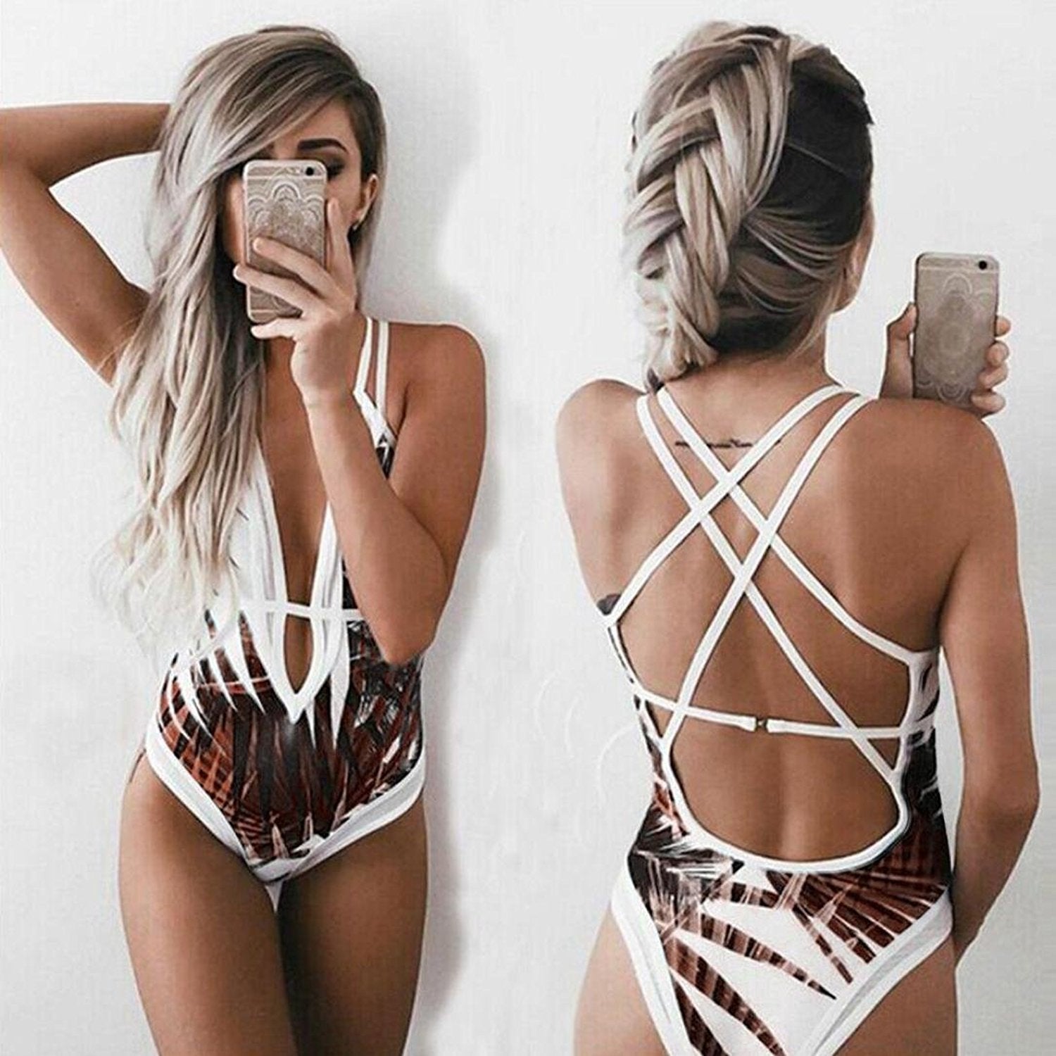 Palm Print Strappy Plunge One-Piece Swimsuit