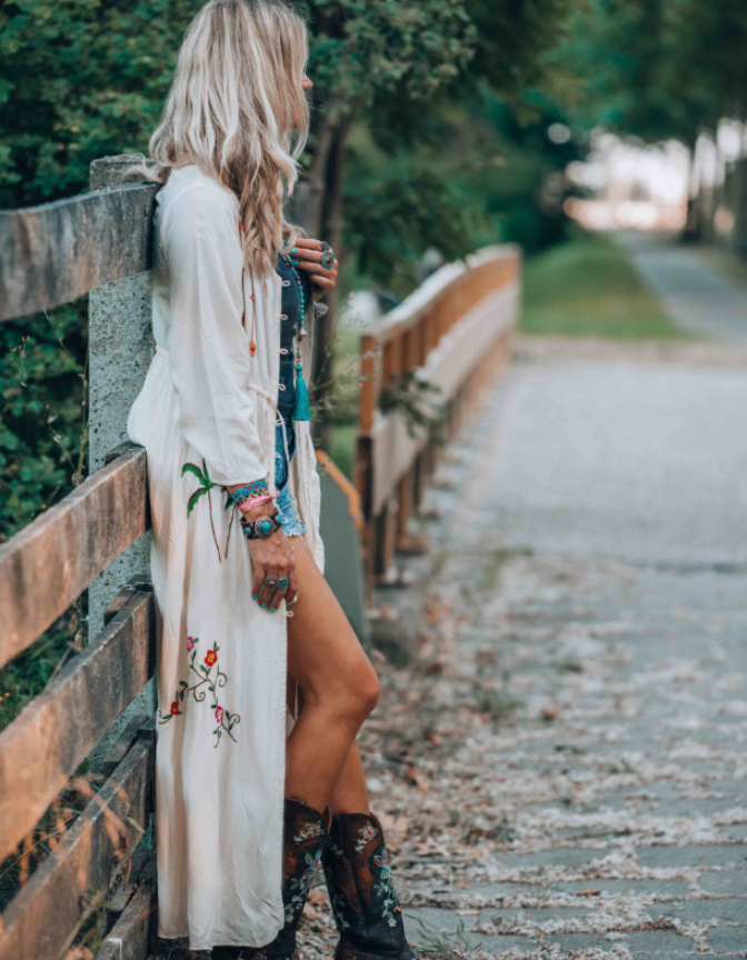 Embroidered Long Sleeve Sun Protection Beach Cover-Up