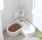 Corner Pet Feeding Bowl with Automatic Water Dispenser, 2-in-1 Food and Gravity Water Bottle Station for Dogs and Cats, Food-Grade Plastic