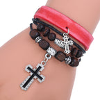 Leather Cross Beaded Charm Bracelet