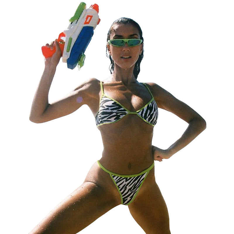Zebra Print Micro Triangle String Bikini Set with Neon Trim