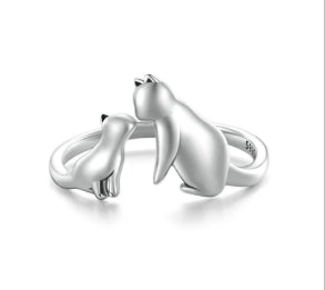 Silver Cat Love Adjustable Ring with Zirconia