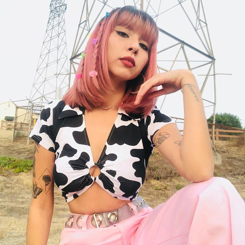 V-Neck Short Sleeve Cow Print Crop Top with Cutout Ring