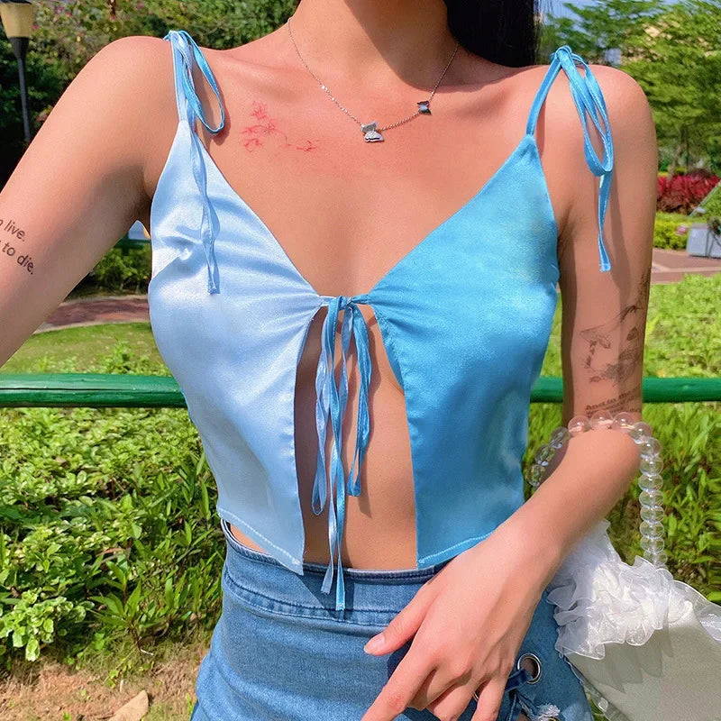 Casual Blue Satin V-neck Crop Top for Women