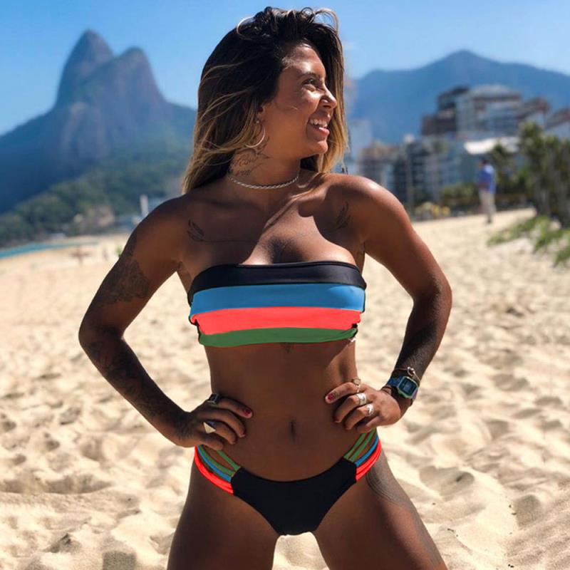 Colorful Striped Bandeau Bikini Set