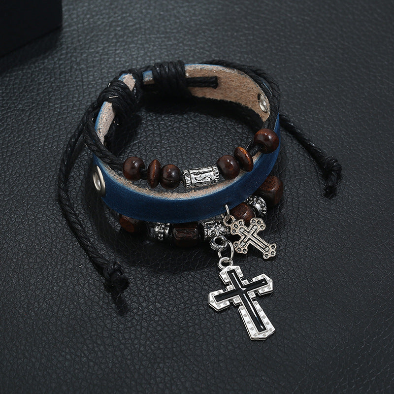 Leather Cross Beaded Charm Bracelet
