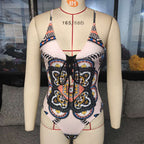 Boho Mandala Print Lace-Up Plunge One-Piece Swimsuit