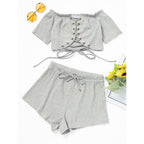 Off-Shoulder Tie Crop Top and Wide-Leg Shorts Set