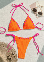 Beige Ribbed Triangle String Bikini Set