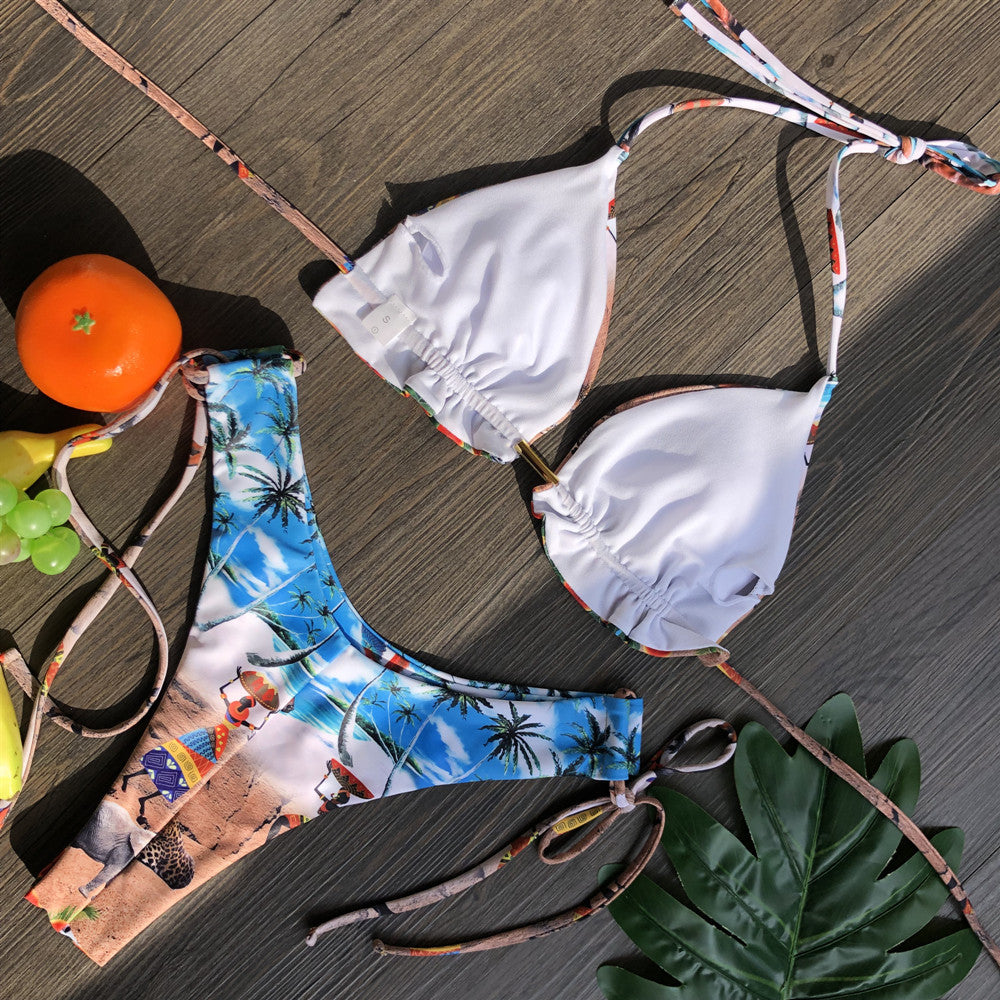 Feather Print Push-Up Tassel Bikini Set