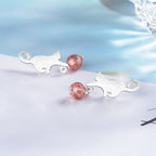 Silver Cat Drop Stud Earrings with Zircon Bead