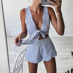 Deep V Striped Tie-Front Top and Shorts Set