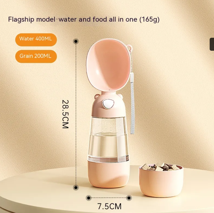 Portable Dog Water Bottle 550ml Leak-Proof Travel Drinking Dispenser with Flip-Up Bowl and Food Compartment for Walks and Hiking