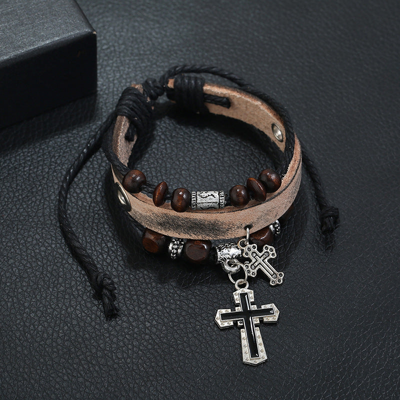 Leather Cross Beaded Charm Bracelet