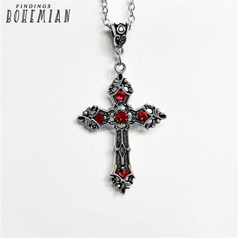 Silver Gothic Cross Necklace with Red Crystals