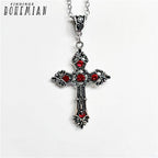 Silver Gothic Cross Necklace with Red Crystals