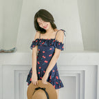 Navy Cherry-Print Cold-Shoulder Swim Dress