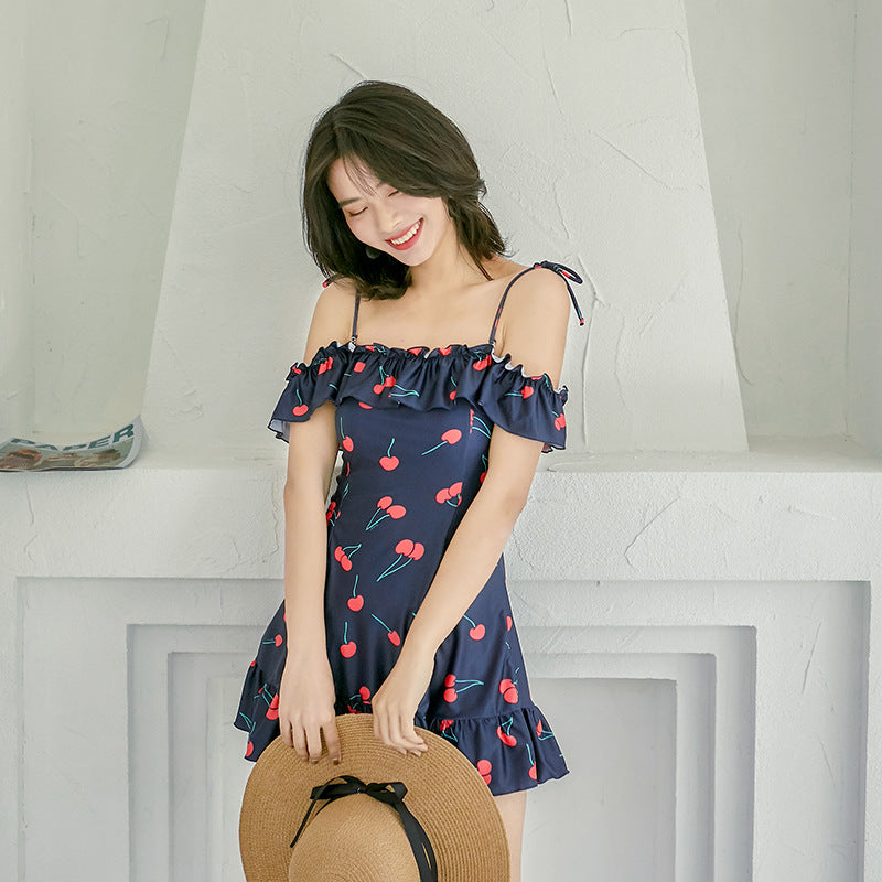 Navy Cherry-Print Cold-Shoulder Swim Dress