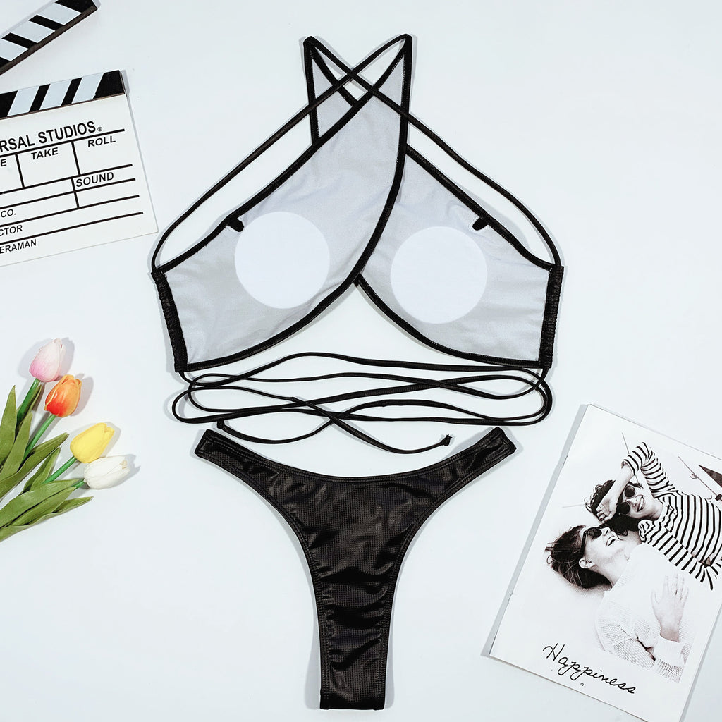 Women's Solid Color Leather Bikini Swimsuit with Straps
