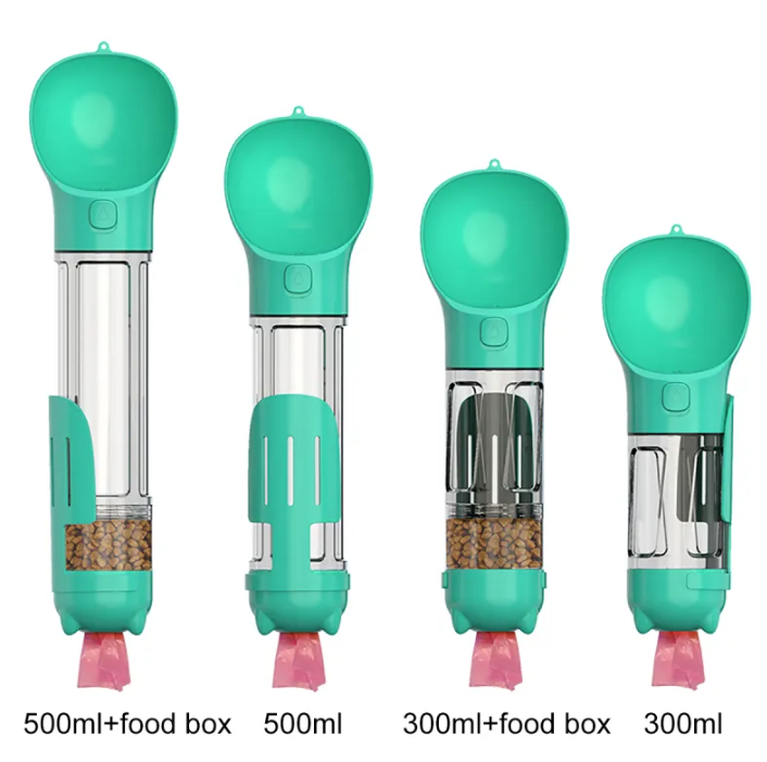 Portable Dog Water Bottle 4-in-1 Travel Dispenser with Foldable Drinking Bowl Food Container and Waste Bag Holder Leak-Proof 300ml 500ml