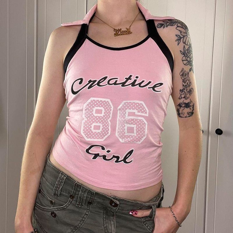 Sweet and Spicy Wind Pink Letter Print Halter Top