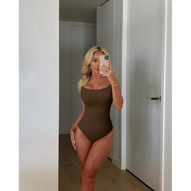 Ribbed Scoop-Neck Spaghetti Strap Bodysuit