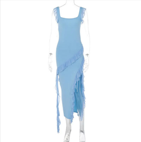 Asymmetric Ruffle High-Slit Midi Dress