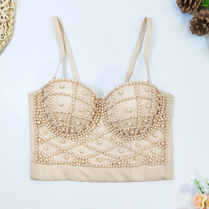 Pearl-Embellished Bustier Camisole Top