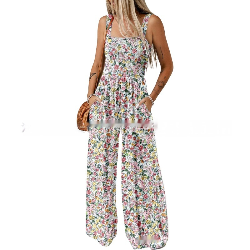 Bohemian Floral Spaghetti Strap Wide-Leg Jumpsuit for Women