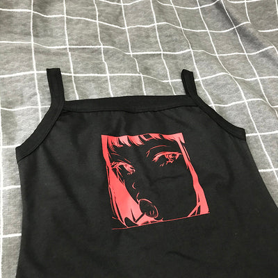 Harajuku Anime Print Sleeveless Crop Top for Students