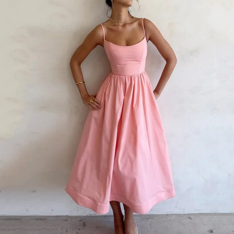 Women's Low-Cut Slim Fit Spaghetti Strap Midi Dress