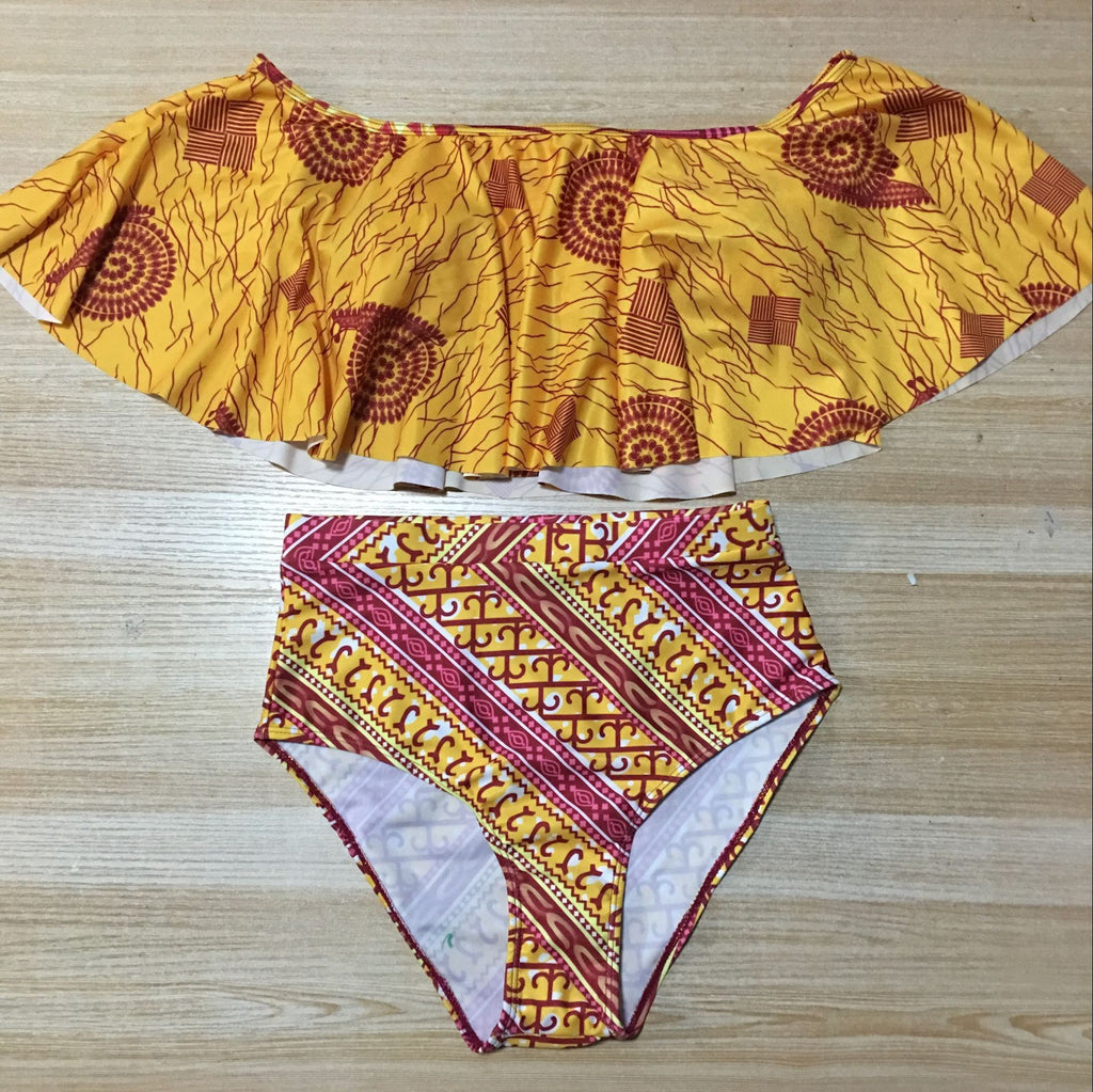 Ankara Print Off-Shoulder Ruffle High-Waist Bikini Set