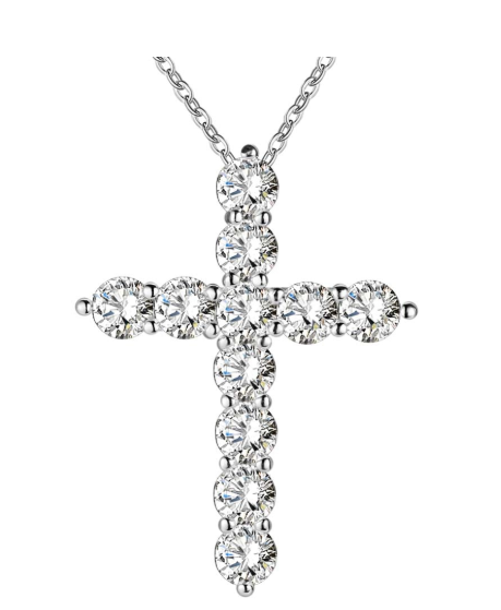 Silver CZ Crystal Cross Pendant Necklace for Women