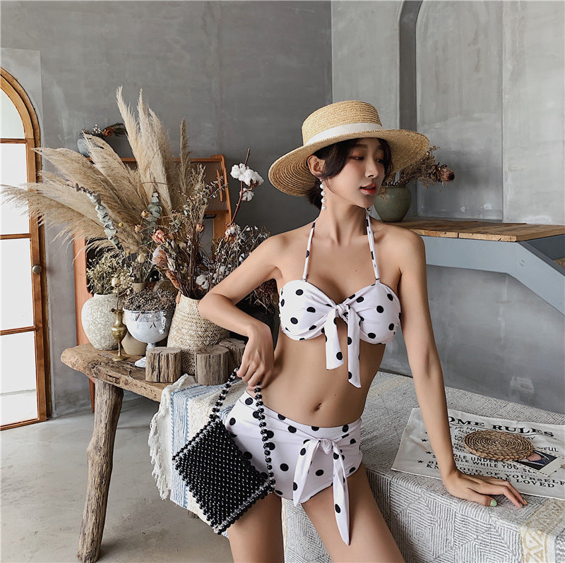 Retro Polka Dot Bandeau Bikini and Skirt Set