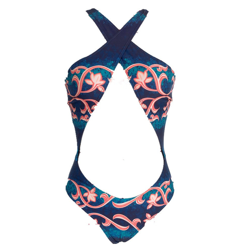 Baroque Print Cross-Front Cutout One-Piece Swimsuit