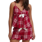 Women's Casual Plaid Bow Tie Camisole Set