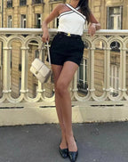 Criss-Cross Strap Contrast-Trim Knit Crop Top