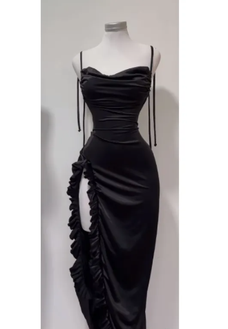 Backless Ruched Satin Spaghetti Strap Maxi Dress with Ruffle Slit