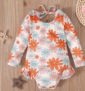 Baby Girl Floral Long-Sleeve One-Piece Swimsuit