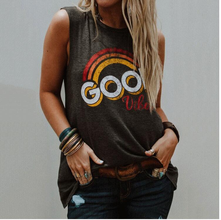 Summer Rainbow Letter Print Round Neck Tank Top
