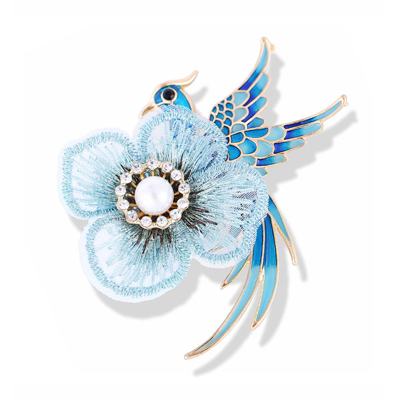 Handmade Embroidered Brooch with Enamel Bird