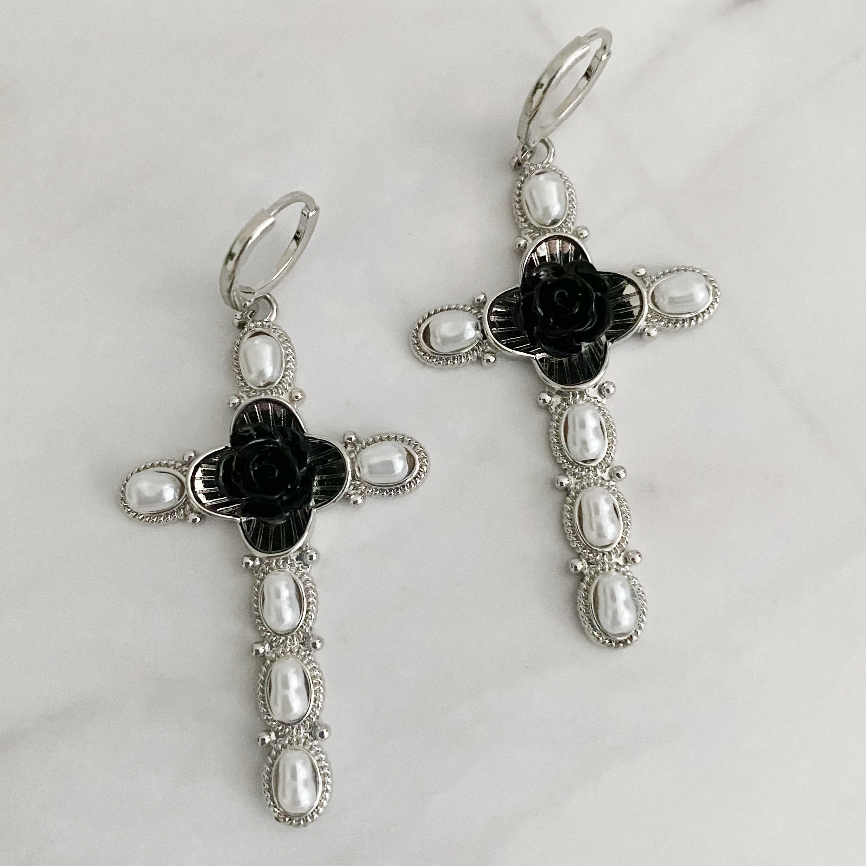 Black Rose Cross Pearl Drop Earrings