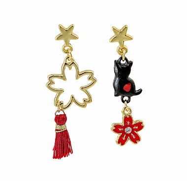 Cat and Cherry Blossom Enamel Earrings