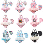 Girls' Fairy Print Tutu One-Piece Swimsuit with Cap