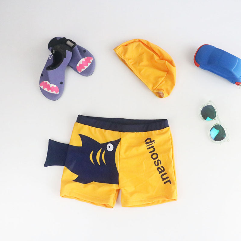 Boys Cartoon Dinosaur Swim Trunks and Cap Set