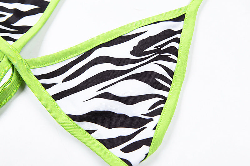 Zebra Print Micro Triangle String Bikini Set with Neon Trim